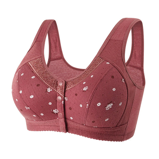 Plus Size Flower Print Wire Free No Pads Nursing Bra Mid-aged Mom Open Front Vest Brassiere Lingerie Cotton Bralette Underwear Peaceful Pleasures Health and Wellness Wine 38