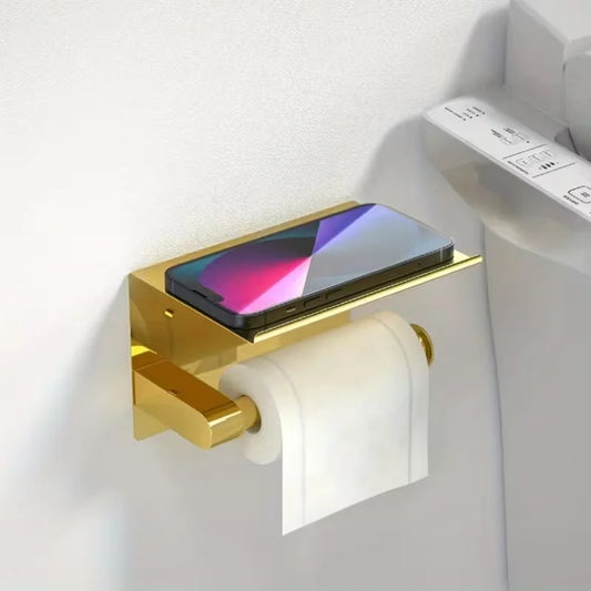 Golden Toilet Paper Holder with Phone Shelf | No-Drill Mount Toilet Paper Holder Peaceful Pleasures Health and Wellness