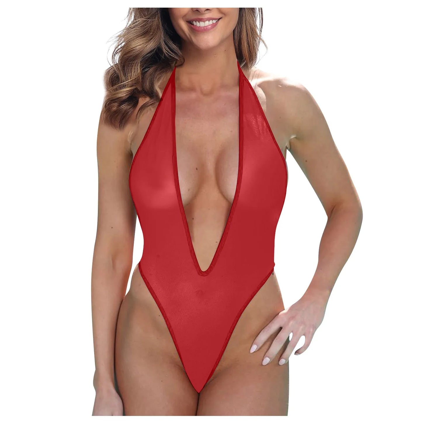 Sexy Woman Deep V Neck Bodysuit High Cut Bikini Jumpsuit One-Piece See-Through Backless Halter Bikini Swimsuit Erotic Lingerie Peaceful Pleasures Health and Wellness