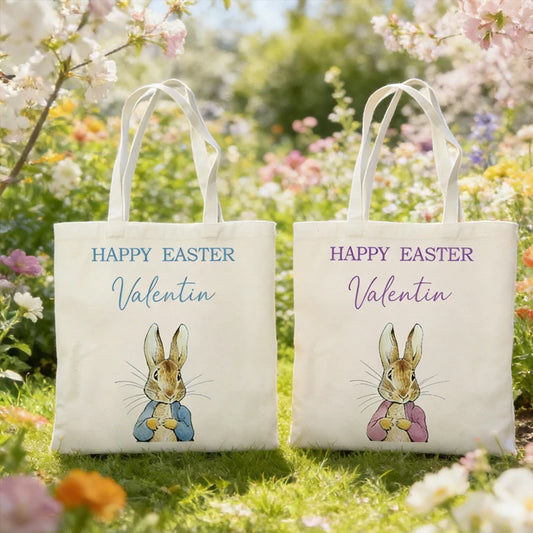 Personalized Easter Bunny Canvas Tote Bag for Kids | Egg Hunt Canvas Tote Bag Peaceful Pleasures Health and Wellness