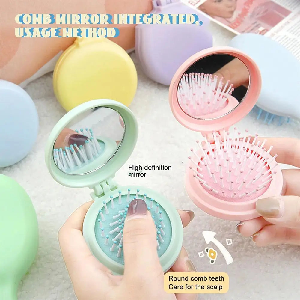 Folding Travel Hair Brush with Mirror – Compact Anti-Static Comb