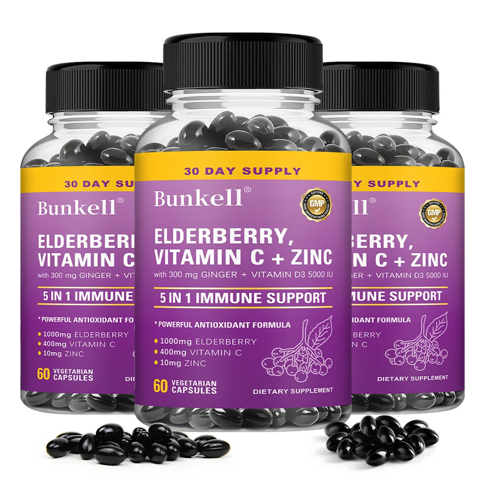 Elderberry Immune Support Capsules 1000MG with Vitamin C Zinc & Ginger - Antioxidant, Healthy Skin, Energy Boost for Men & Women Peaceful Pleasures Health and Wellness 60 count-3 bottle