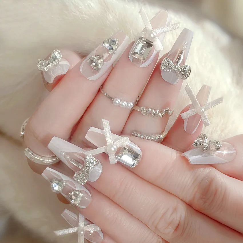 24pcs New Year Heavy Metal Press on Nails Chinese Bride Wedding Fake Nails Full Cover Wearable Shiny Large Crystal False Nails Peaceful Pleasures Health and Wellness style 4
