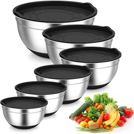 Stainless Steel Mixing Bowl with Lid – Non-Slip Silicone Bottom Salad & Egg Beating Bowl for Kitchen Peaceful Pleasures Health and Wellness