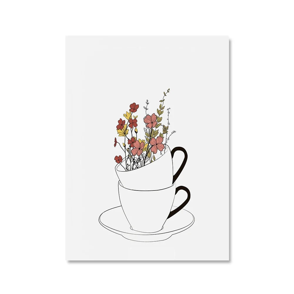 Coffee Lover Canvas Wall Art | Nordic Floral Cup Print Poster Canvas Wall Art Peaceful Pleasures Health and Wellness Red 50x70cm Unframed