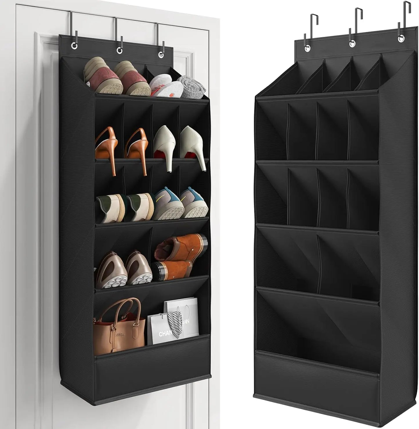 Black shoe organizer with shoes and bags on a white background
