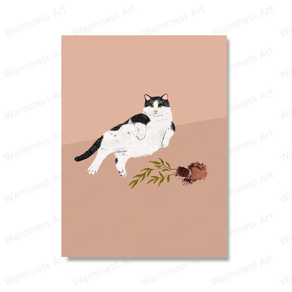 Retro Cat & Pizza Canvas Wall Art | Scandinavian Poster Print