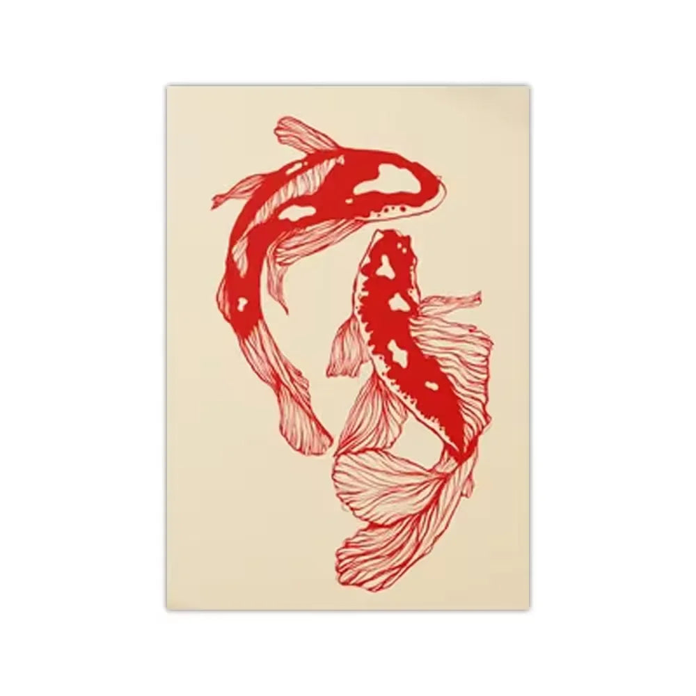 Vintage Red Koi Fish Canvas Wall Art Poster – Unframed