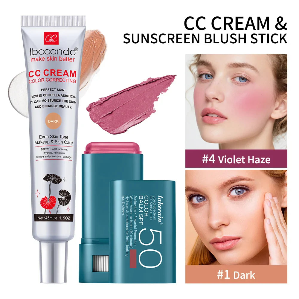 CC Cream & SPF 50 Blush Stick Set – Waterproof Korean Makeup