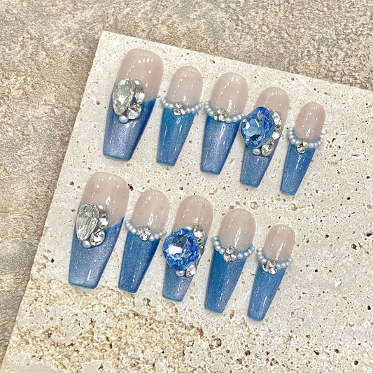 Blue Cat Eye Press On Nails – 3D Crystal Coffin Set | YADORNOS Press On Nail Set Peaceful Pleasures Health and Wellness