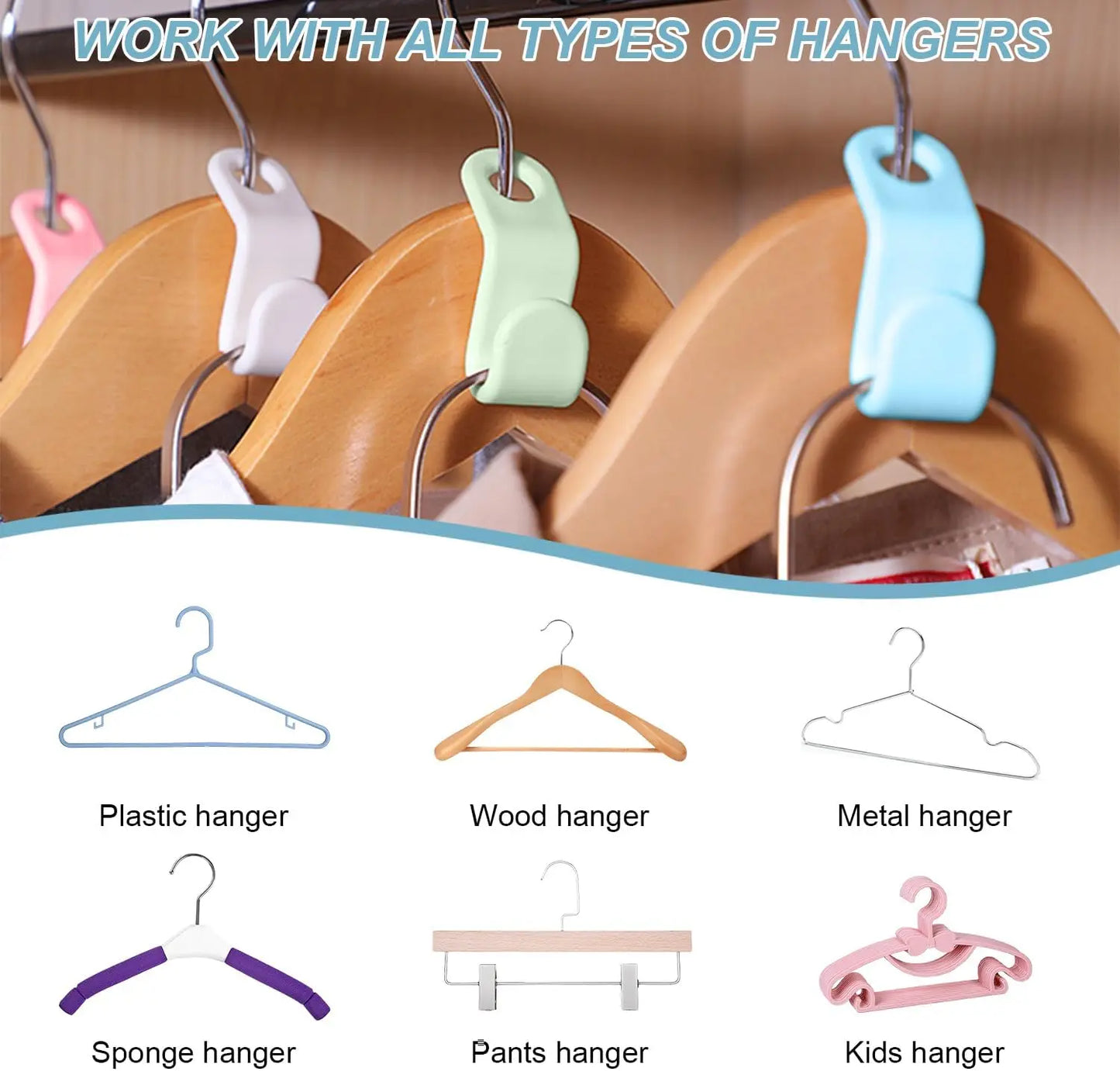 Hangers of different types on a wooden rack with text 'Work with all types of hangers'.