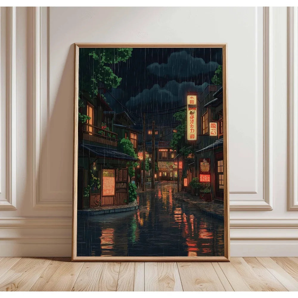 Retro Japanese City Rain Canvas Wall Art Poster | Frameless Canvas Wall Art Peaceful Pleasures Health and Wellness