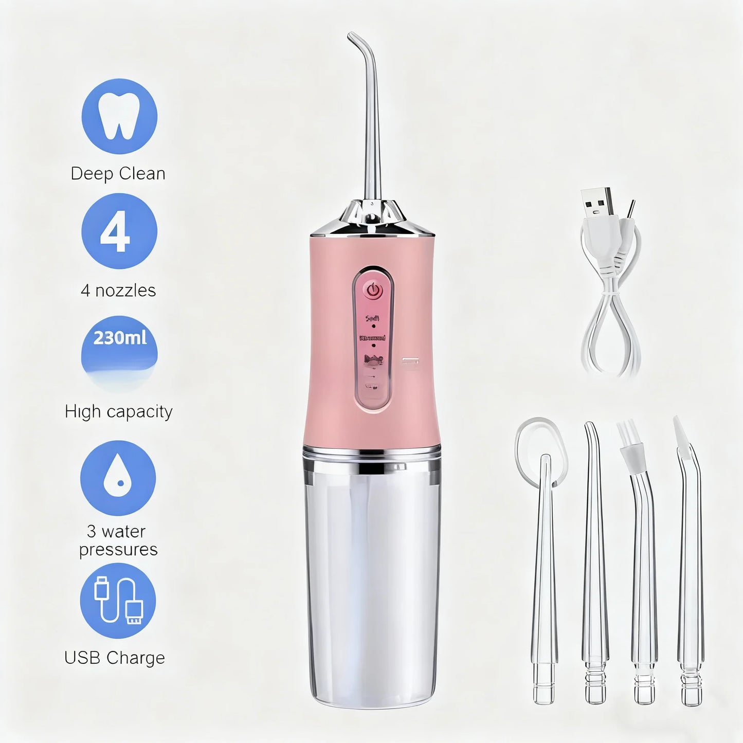 Oral Irrigator Portable USB Rechargeable Dental Water Flosser Water Jet Floss Tooth Pick 4 Jet Tip 220ml 3 Modes IPX7 Waterproof Peaceful Pleasures Health and Wellness Pink
