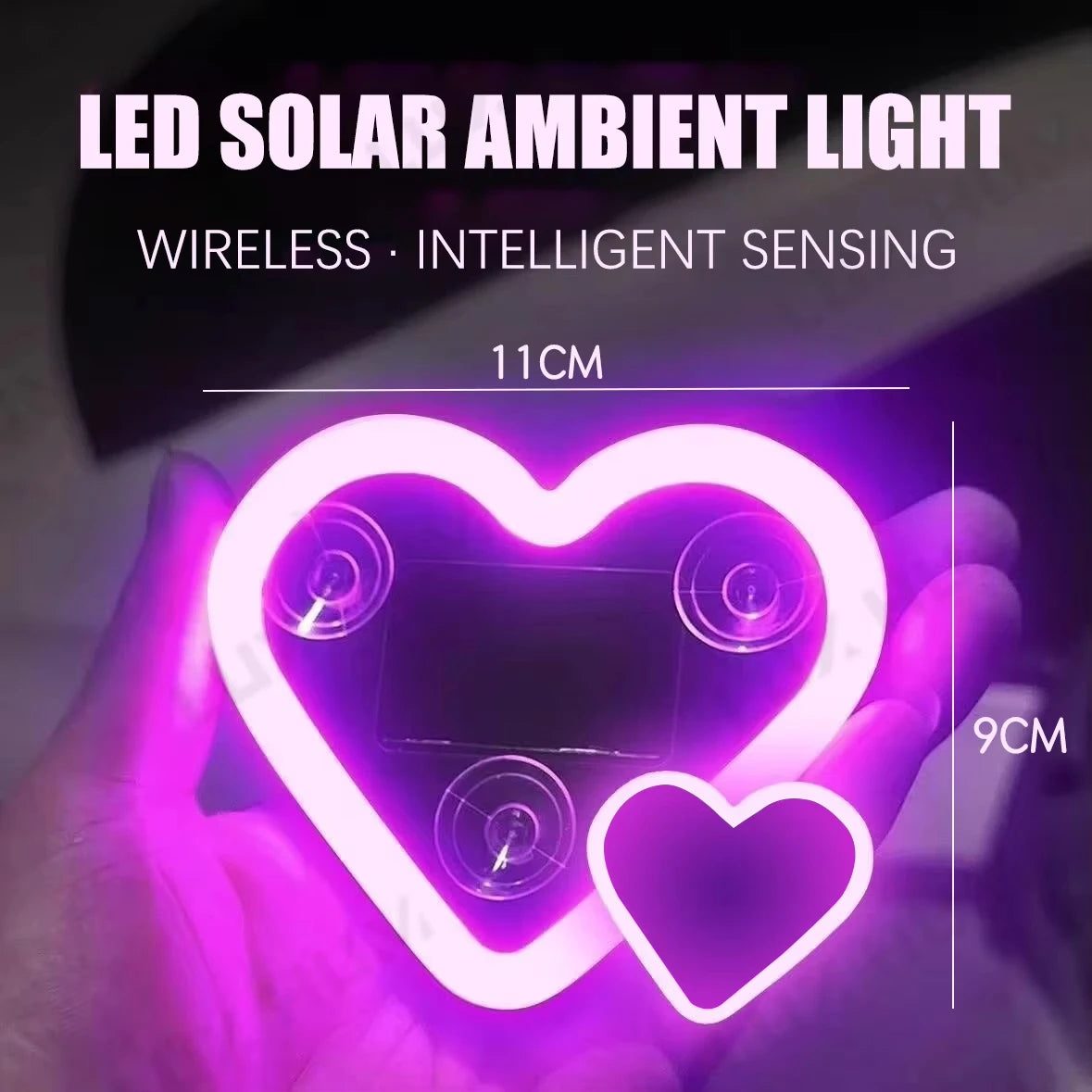 Solar Powered Car Neon Light Wireless Cute Double Heart Shaped Led Ambient Light Suction Cup Atmosphere Breathing Lamp Peaceful Pleasures Health and Wellness