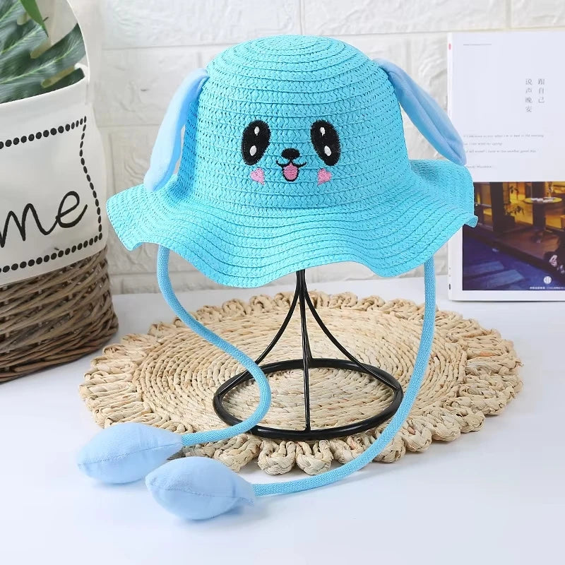 Kids Bunny Rabbit Straw Hat | Moving Ears Wide Brim Sun Hat