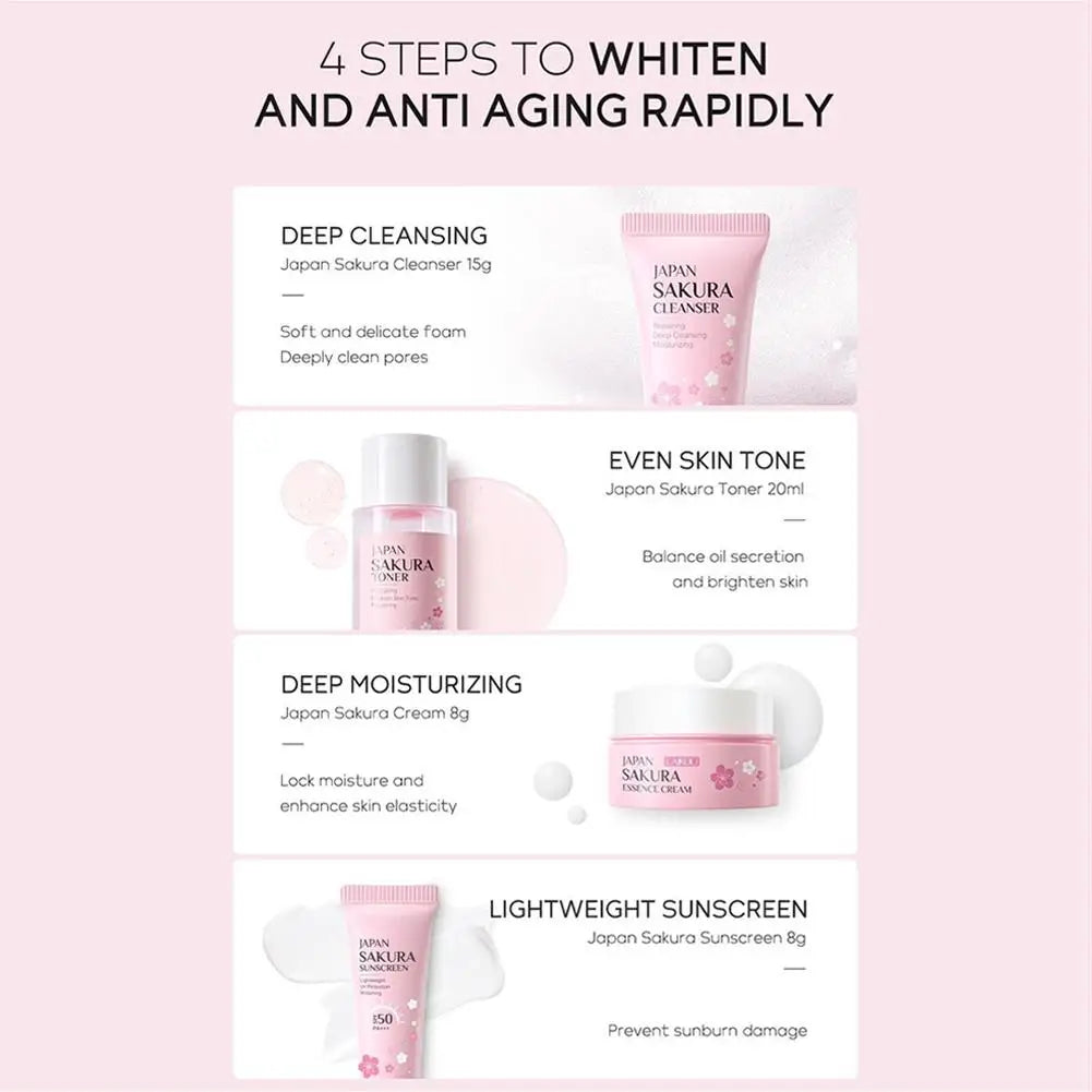 Sakura 4-Piece Skin Care Set – Cleanser, Toner, Cream & SPF