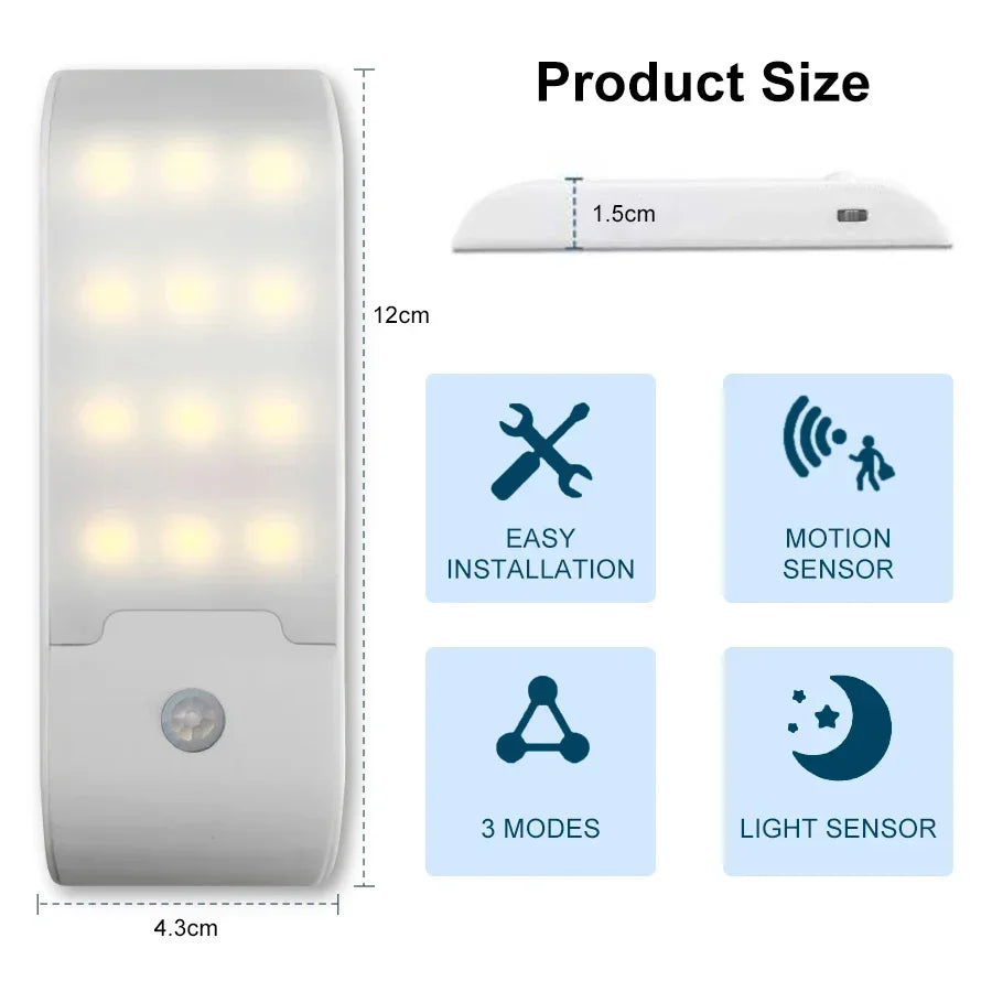 12LEDs Motion Sensor Night Light Rechargeable Magnetic Cabinet Lights Smart Sensor Night Lamp for Hallway Bedroom Kitchen Stairs Peaceful Pleasures Health and Wellness