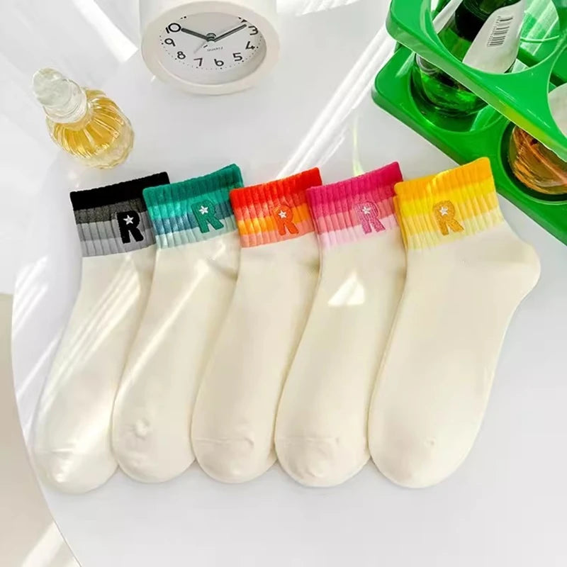 5 Pairs of Women's Rainbow Striped Socks With Embroidered Letters, Fashionable, Comfortable And Breathable Women's Socks Peaceful Pleasures Health and Wellness 5 Pairs One Size