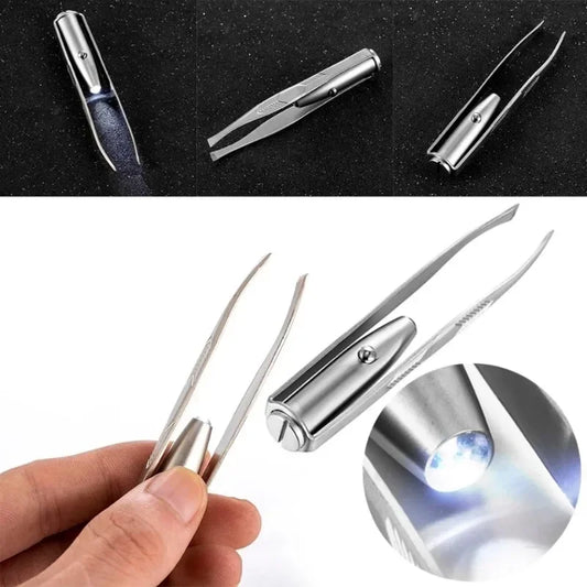 3pcs Makeup Tool, Slant Tip Hair Removal Eyelashes Eyebrow Tweezers, Professional Stainless Steel, Makeup LED Light with Battery Peaceful Pleasures Health and Wellness