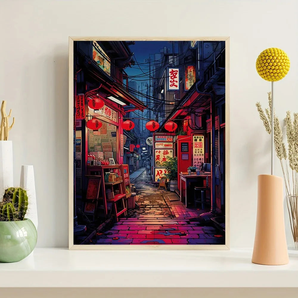 1 Frameless Japanese Style Night View Poster of Urban Alleys, Tokyo Street Art Prints, Perfect Creative Canvas Wall Art Painting Peaceful Pleasures Health and Wellness