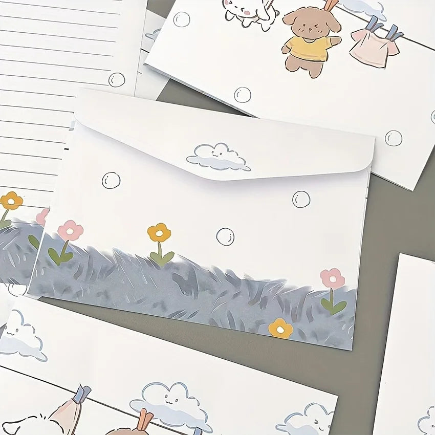 4 Charming Puppy Floral Letter Sets Envelopes Creative Handwritten
