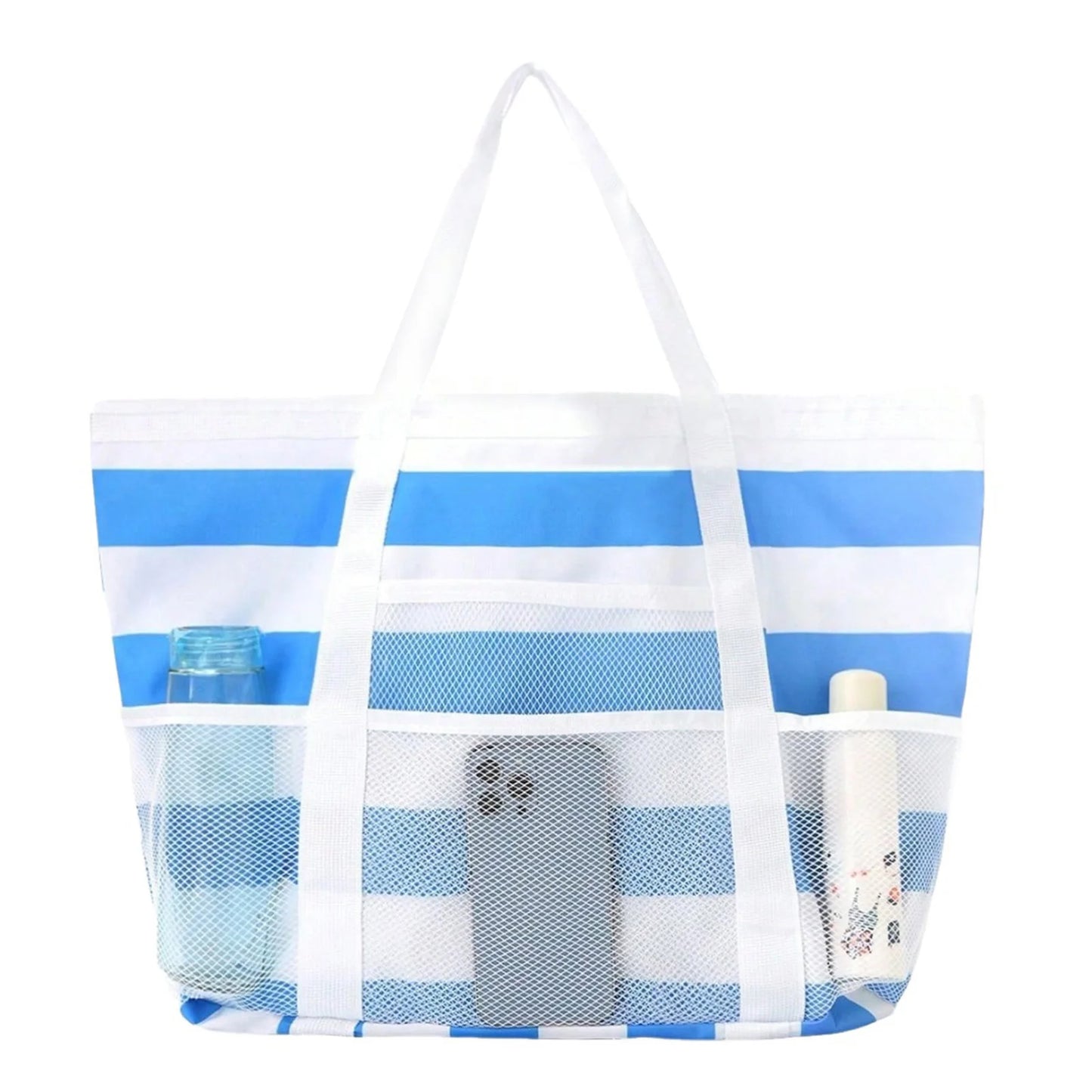 Mesh Beach Bags Beach Tote Bag With Multi Pockets Large Capacity Travel Tote Handbag Swim Pool Bag Multifunctional Storage Bag Peaceful Pleasures Health and Wellness Striped Blue
