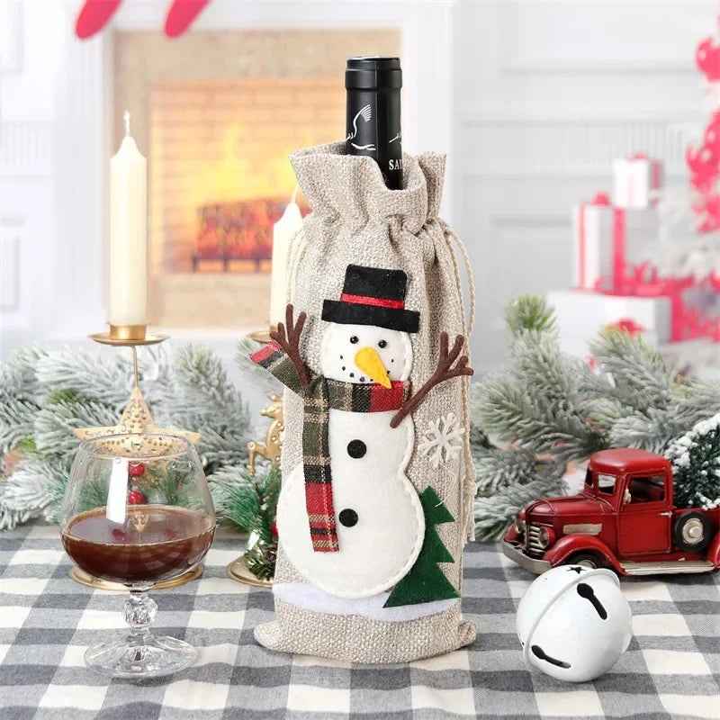 Xmas Snowman Santa Claus Wine Bottle Gift Packaging Jute Bag Pouch Burlap Christmas Wine Bottle Cover Bag Christmas Decorations Peaceful Pleasures Health and Wellness