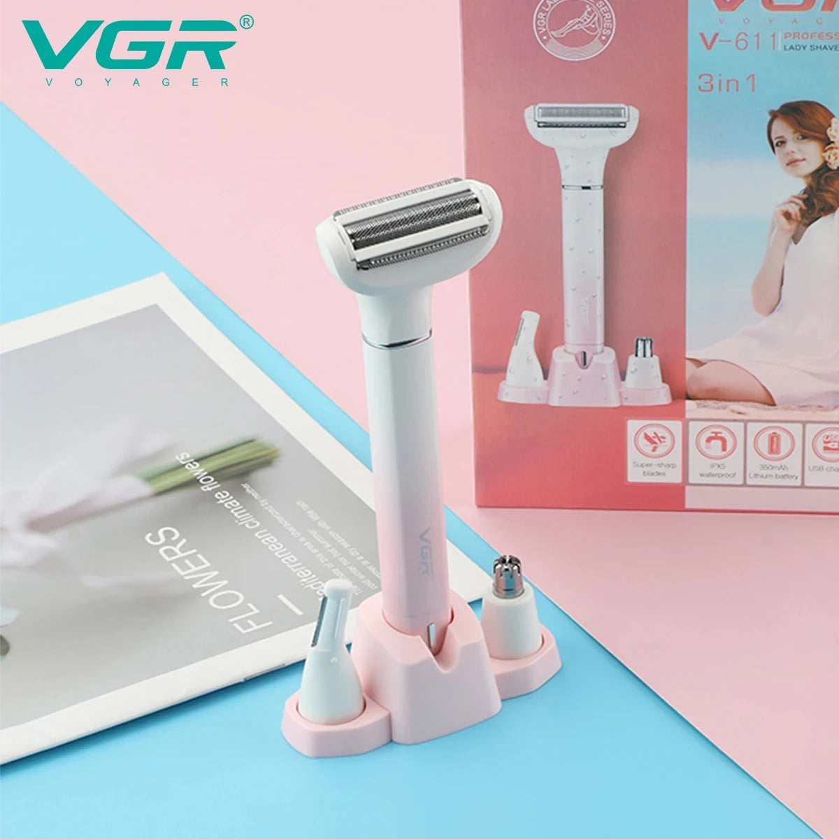 VGR Electric 3-in-1 Beauty Cleaning Set Facial Shaver Eyebrow Trimming Machine Nose Hair Trimmer Female Body Shaver V-611 Peaceful Pleasures Health and Wellness