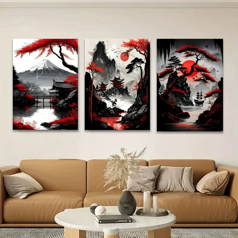 3-Piece Fuji Mountain Japanese Canvas Wall Art Set – Unframed Canvas Wall Art Set Peaceful Pleasures Health and Wellness