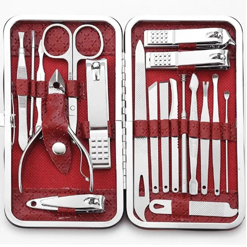 19-Piece Home Nail Clipper Set Large Dead Skin Pliers Diagonal Small Eyebrow Clipper with Leather Sleeve for Personal Grooming Peaceful Pleasures Health and Wellness Red