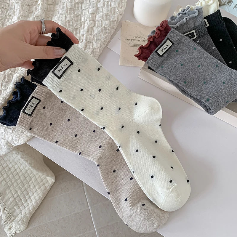 Socks For Women New Dots Cute Frilly Casual Fashion Long Socks Breathable Preppy Style Ladies Novelties Socks Cotton Soft Comfy Peaceful Pleasures Health and Wellness