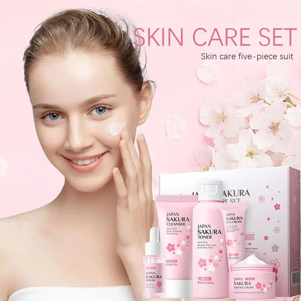 5pcs Skin Care Set Sakura Essence Skin Care Gift Sets With Cleanser,Toner,Serum,Eye Cream, Moisturizing Smooth Wrinkles Skincare Peaceful Pleasures Health and Wellness