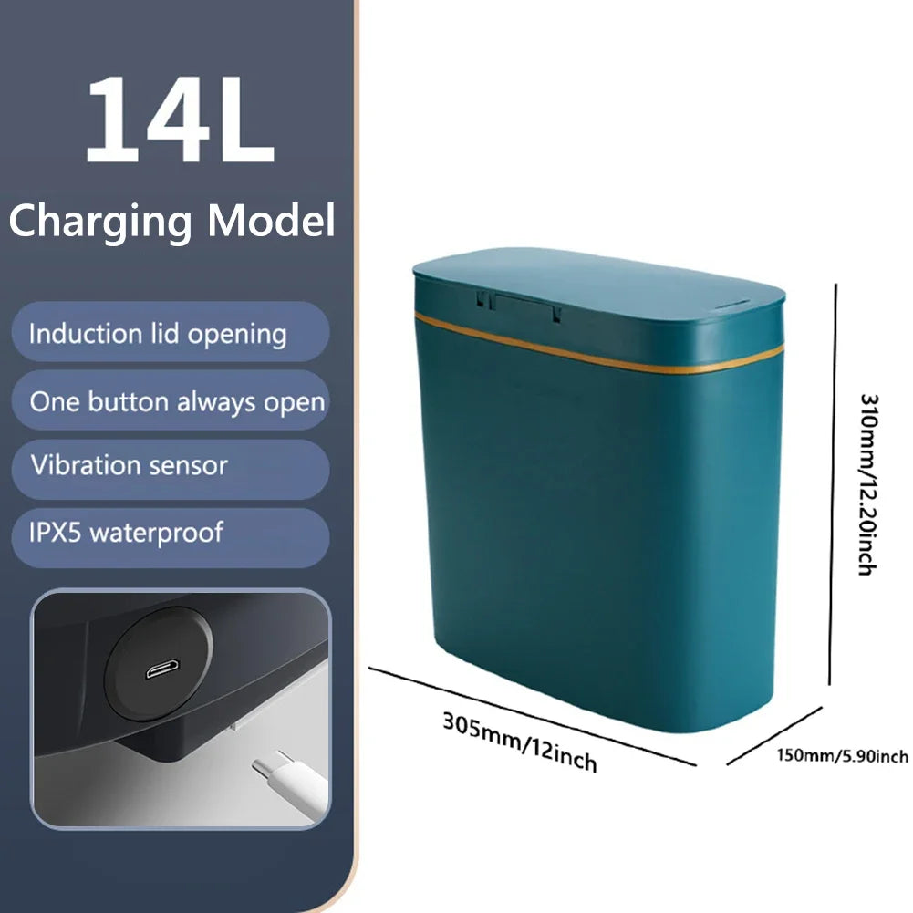 14L Smart Sensor Trash Can with Lid for Kitchen Toilet Bathroom Bins Waterproof Automatic Trash Can Quiet Touchless Wastebasket Peaceful Pleasures Health and Wellness Green Charge