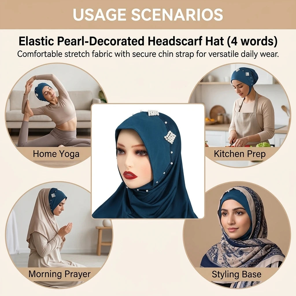 Women's Pearl Embellished Hijab Hat Elastic Fabric Chin Strap Muslim Base Cap Peaceful Pleasures Health and Wellness