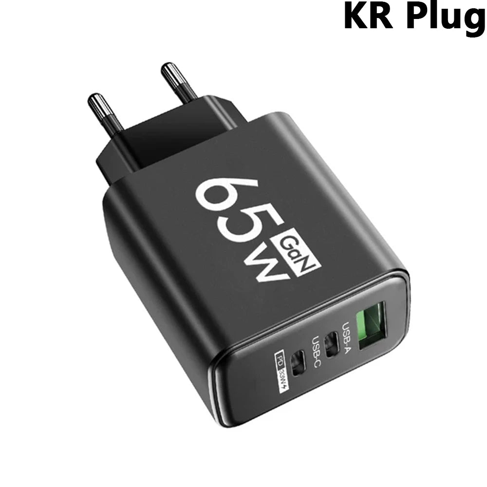 65W GaN 3-Port USB-C Wall Charger – Fast PD EU/US Plug