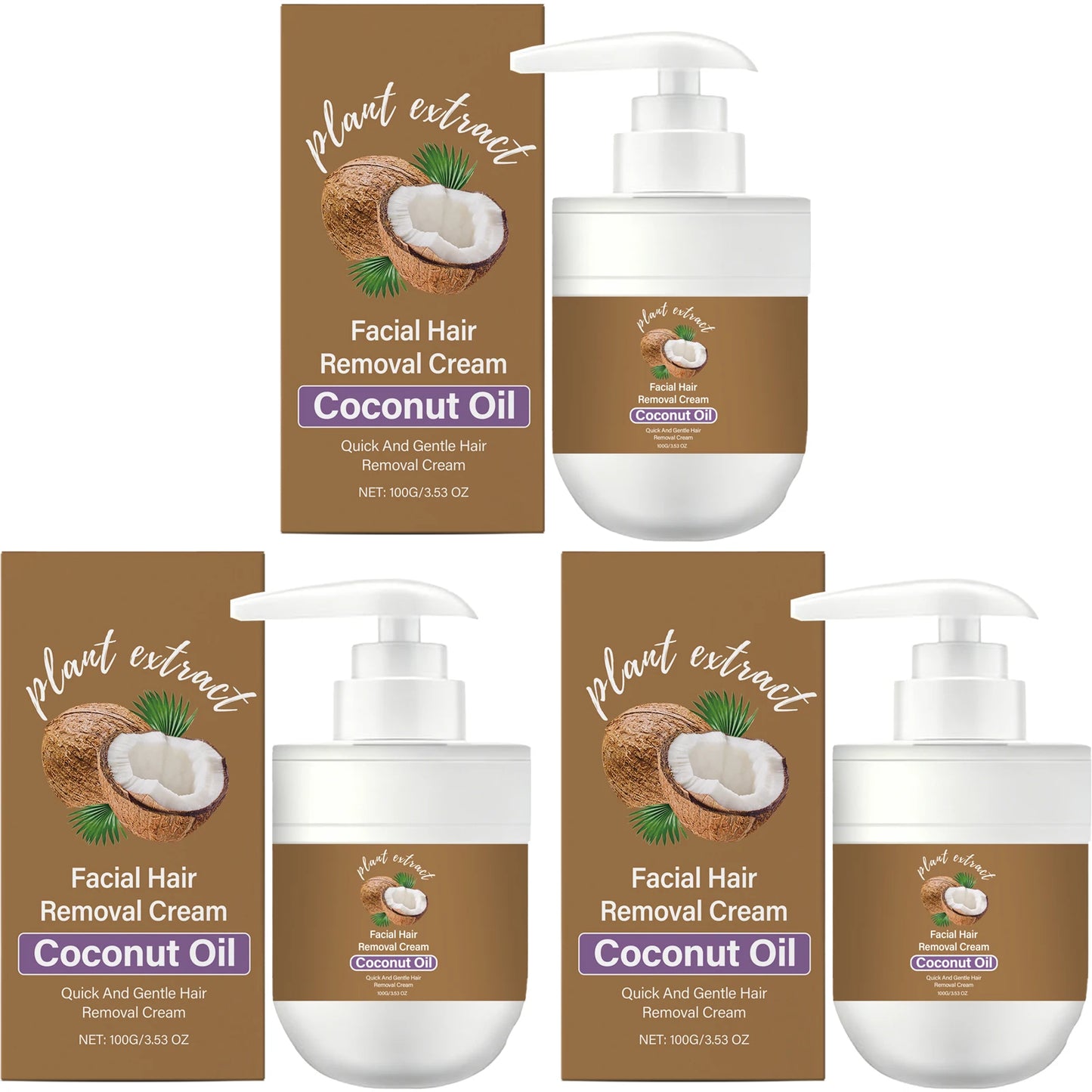 Facial Hair Removal Cream Removing Hair Control Oil Soothing Skin Non-irritating Moisturizing Coconut Oil Painless Hair Remover Peaceful Pleasures Health and Wellness 3 x 100g Boxed