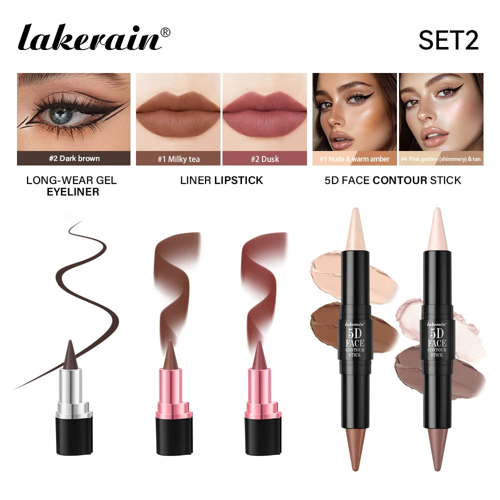 5D Perfect Makeup Set With Contouring Stick Eyeliner And Lipstick Easy Coloring Sweat-proof Long Lasting Daily Makeup Set Peaceful Pleasures Health and Wellness