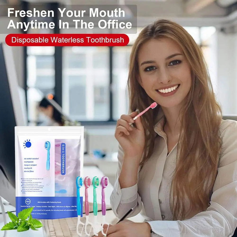 5-in-1 Disposable Travel Toothbrush – Toothpaste, Floss & Pick