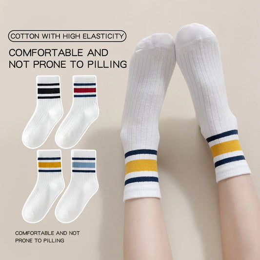 Four pairs of children's socks for spring and autumn, striped versatile style, mid-calf socks with a school style. Peaceful Pleasures Health and Wellness 4 pairs 2 2-3T