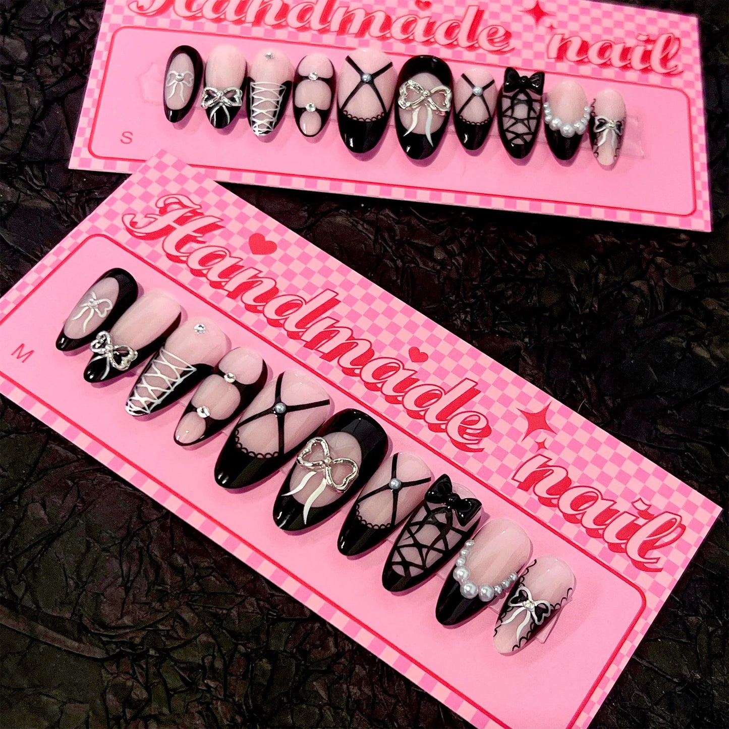 Handmade Press on Nails French 3D Black Bow False Nails Full Cover Wearable Spice Girls Sweet Cool Almond Shape Fake Nail Tips Peaceful Pleasures Health and Wellness