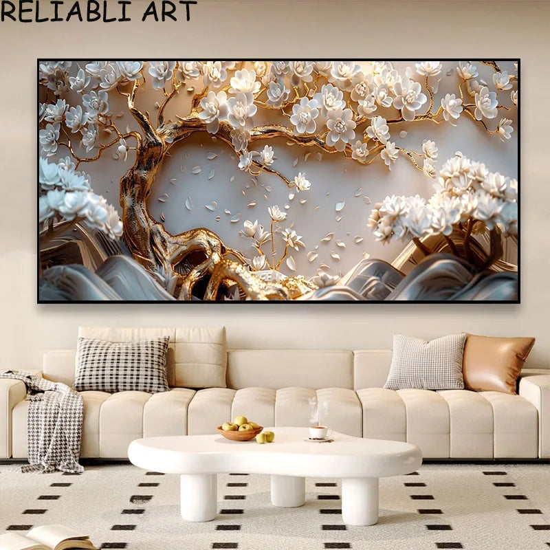 3D Golden White Flower Tree Poster and Prints Light Luxury Canvas Painting Wall Art Pictures for Living Room Home Decor No Frame Peaceful Pleasures Health and Wellness
