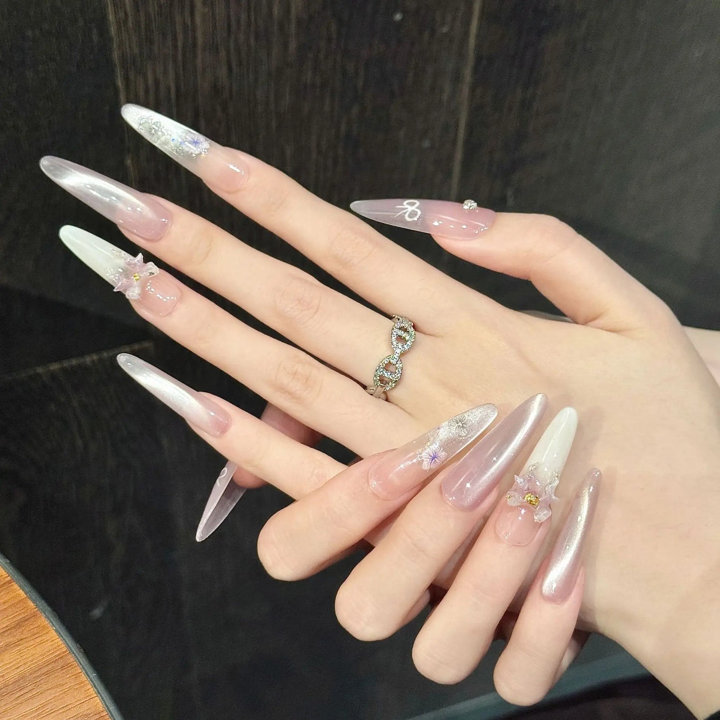 Pink Cat Eye Press On Nails | 3D Bow Korean False Nails 10pcs