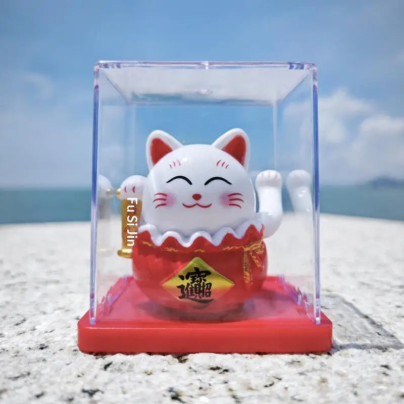 Solar Waving Lucky Cat Ornament | Mini 2" Desk Fortune Décor
