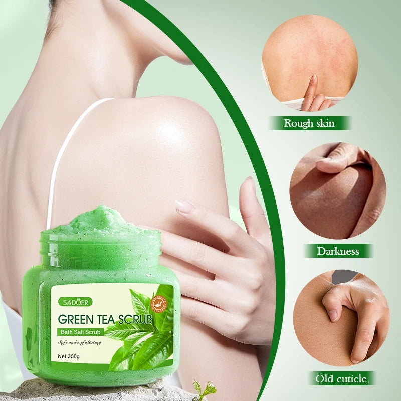 350g Green Tea Body Scrub, Rich in Skin-Beneficial Ingredients Such as Tea Polyphenols, Fine Particles for Exfoliation, Does Not Harm the Skin, Hydrates and Brightens the Complexion, Can Be Used on Multiple Areas of the Body, Peaceful Pleasures Health and Wellness