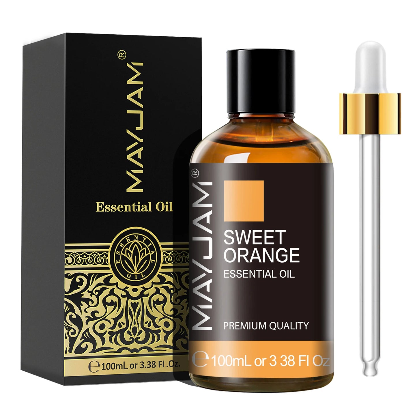 MayJam Sweet Orange essential oil bottle with dropper and packaging on a white background