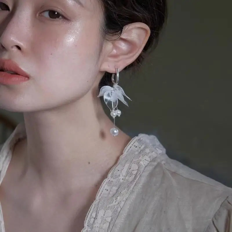 White Floral Dangle Earrings – Faux Pearl Tassel Bridal Gift
