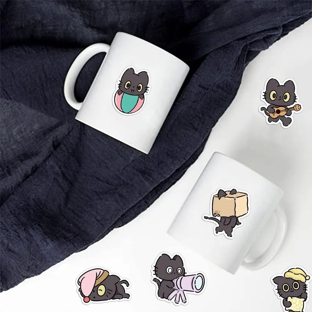 50Pcs Waterproof Kawaii Black Cat Sticker Cartoon Self-adhesive Funny Meme Sticker Animal Creative Stationery Sticker Peaceful Pleasures Health and Wellness