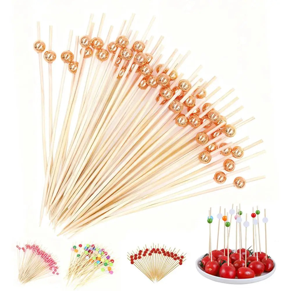 100pcs Pearl Bamboo Skewers | Gold Silver White Party Picks