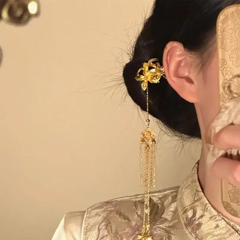 Vintage Pearl Tassel Hair Clip – Enamel Flower Hanfu Hair Pin