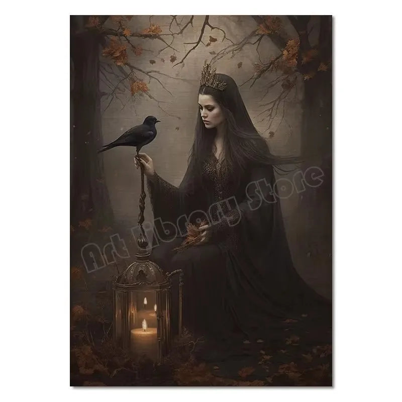 Classic Retro Aesthetics Wall Art Halloween Goth Ghost Witch and Crow Pumpkin HD Oil on Canvas Poster Home Bedroom Decor Gift Peaceful Pleasures Health and Wellness ZLH5187 20x30cm No Frame
